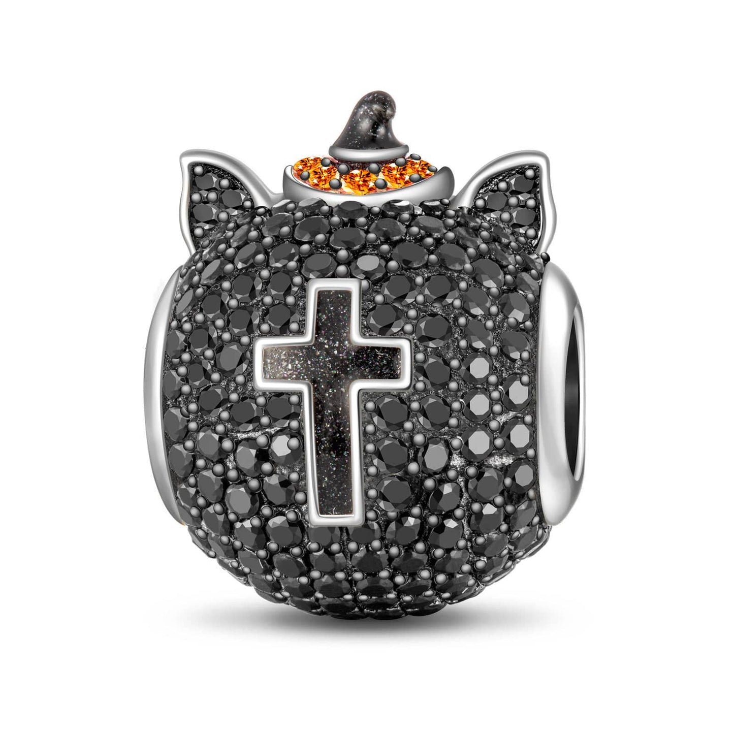 Sterling Silver Halloween Black Cat Charms With Enamel In White Gold Plated