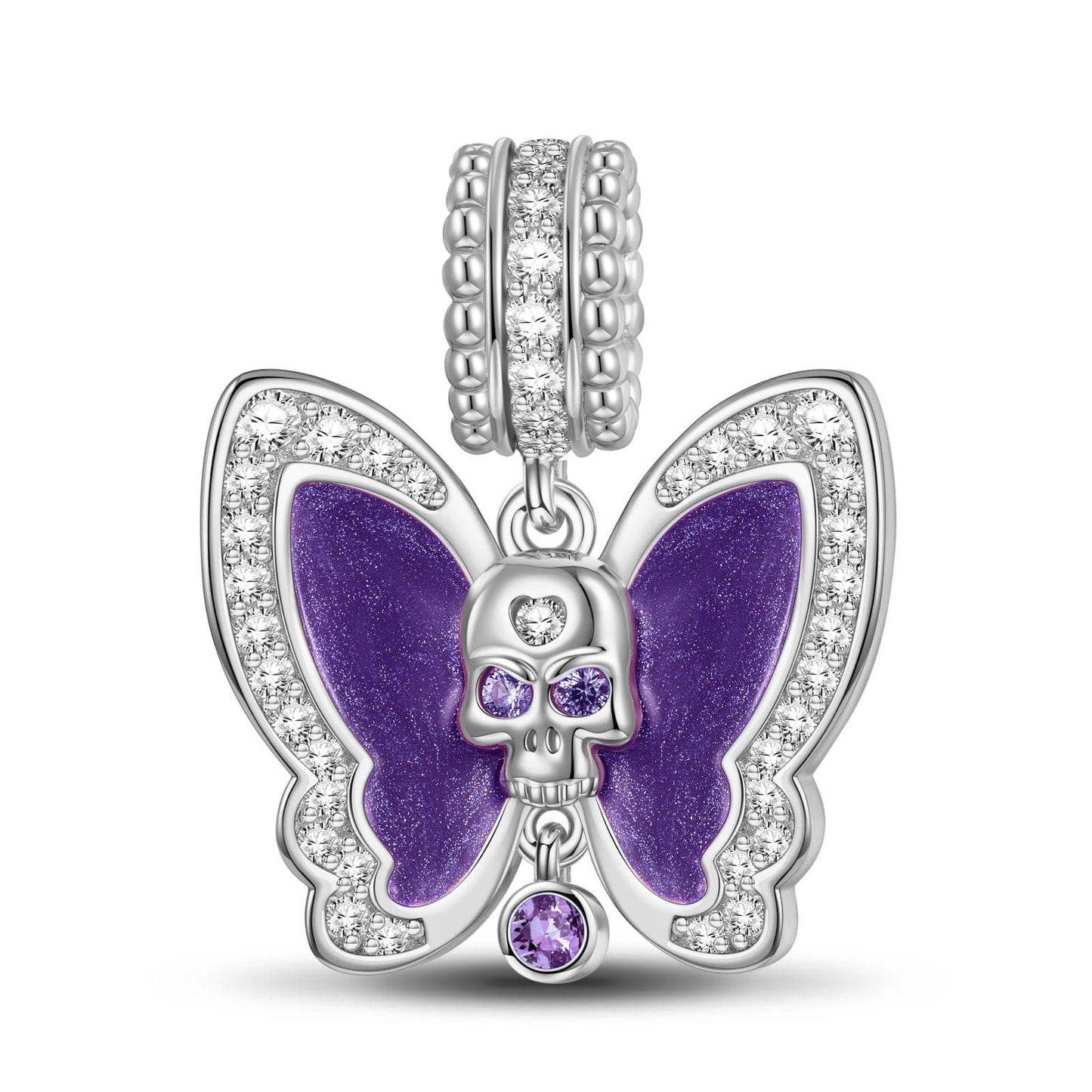 Sterling Silver Skull And Purple Butterfly Charms With Enamel In White Gold Plated