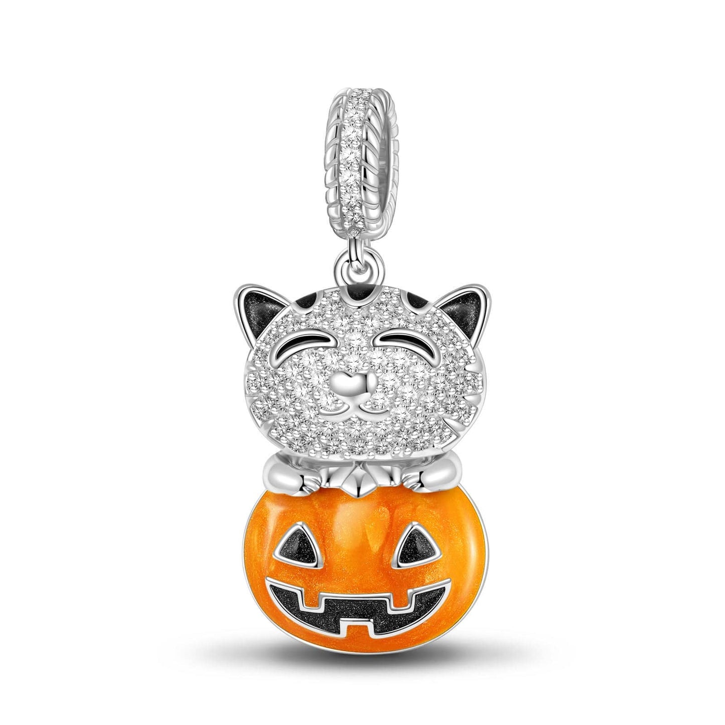 Sterling Silver Cute Pumpkin Cat Charms With Enamel In White Gold Plated