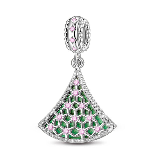 gon- Sterling Silver Green Lucky Christmas Tree Dangle Charms With Enamel In White Gold Plated