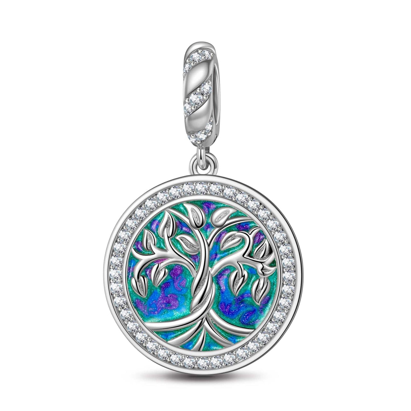 Sterling Silver Tree Of Life Dangle Charms With Enamel In White Gold Plated