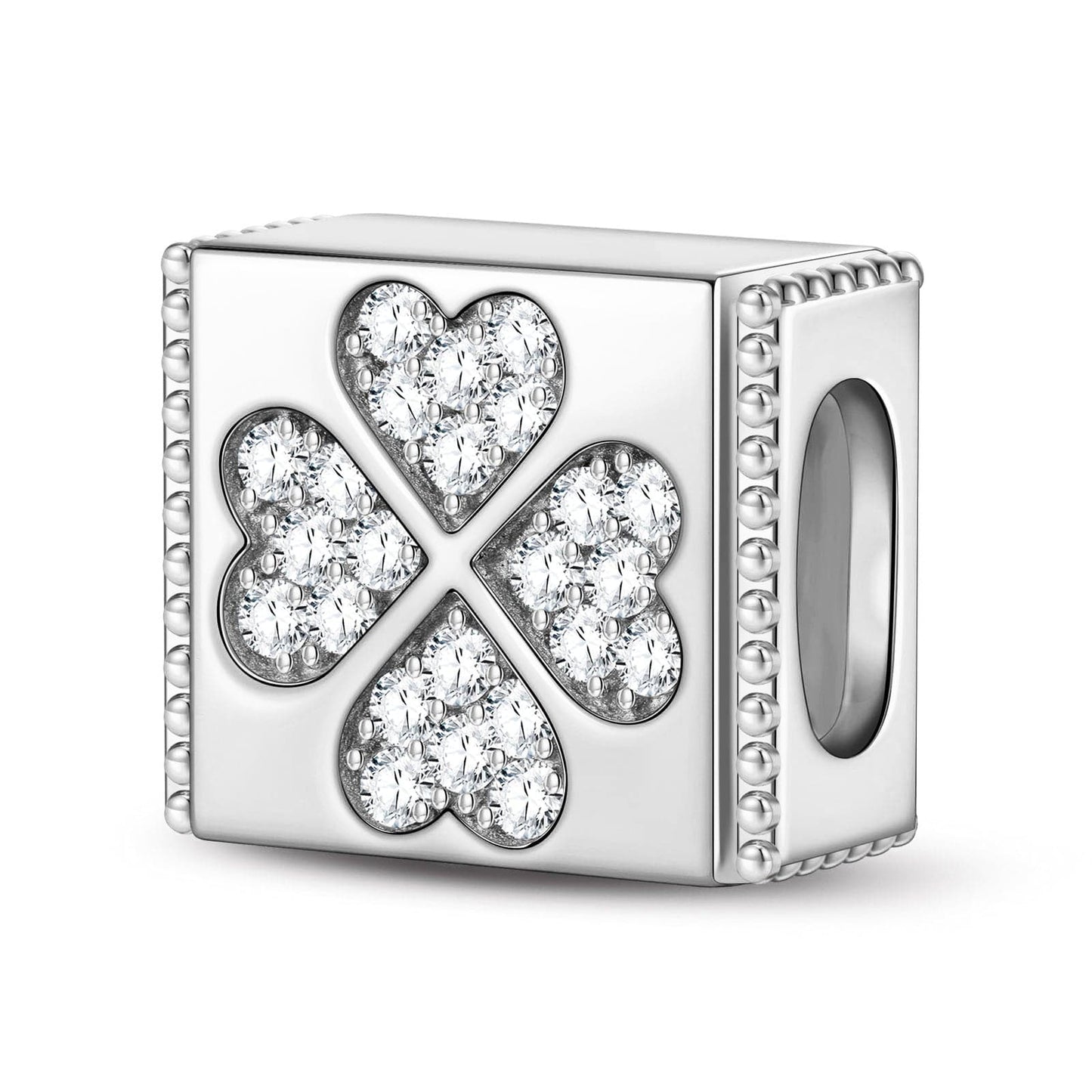 Sterling Silver Four-Leaf Clover Rectangular Charms In White Gold Plated