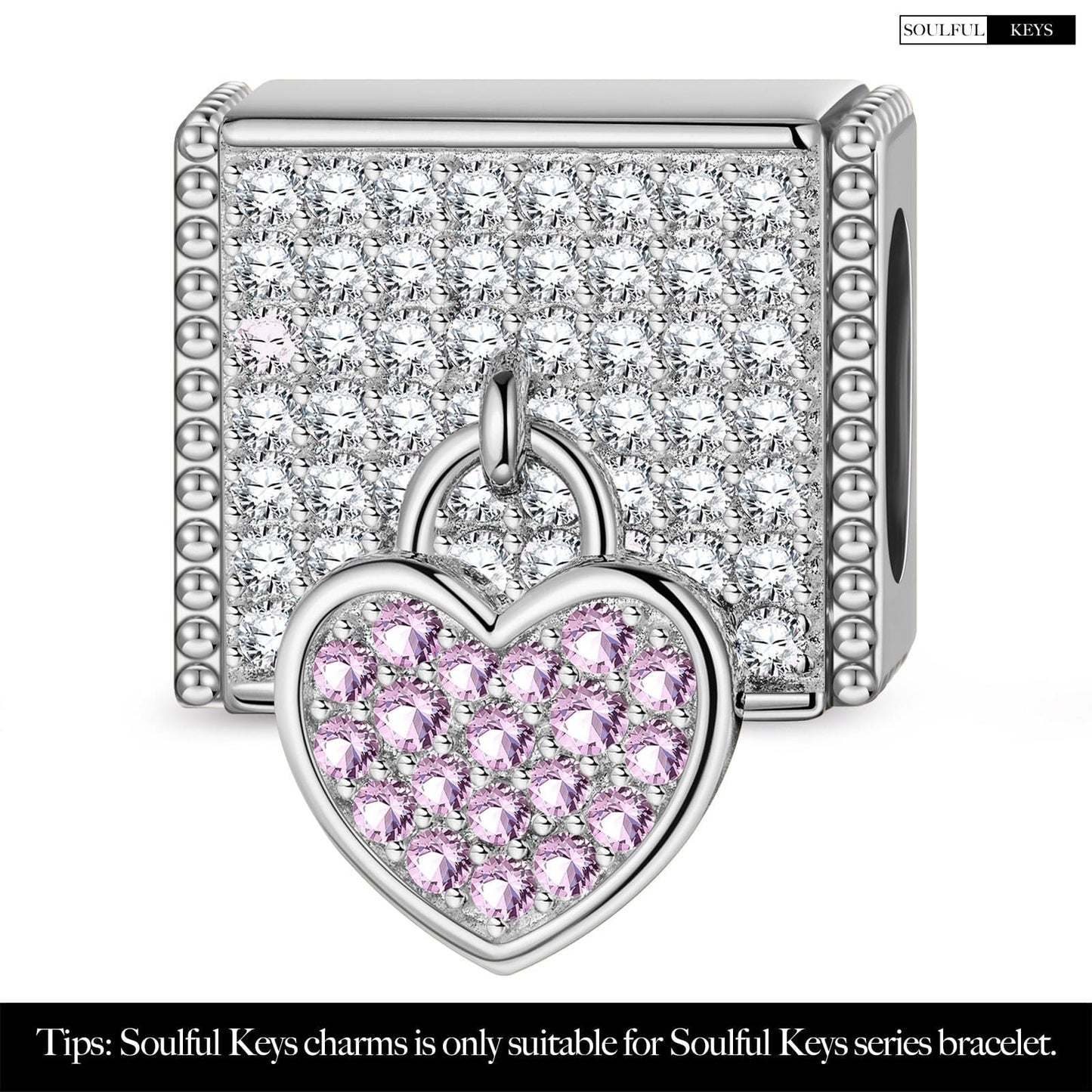 Sterling Silver Lock Your Heart Rectangular Charms In White Gold Plated