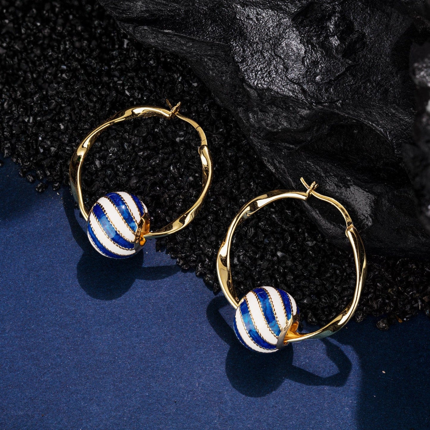 [?As @anlena_ea's Pick] Sea Waves Tarnish-resistant Silver Charms Earrings Set with Enamle M size Classic Hoop Earrings with Sterling Silver Ear Post In 14K Gold Plated