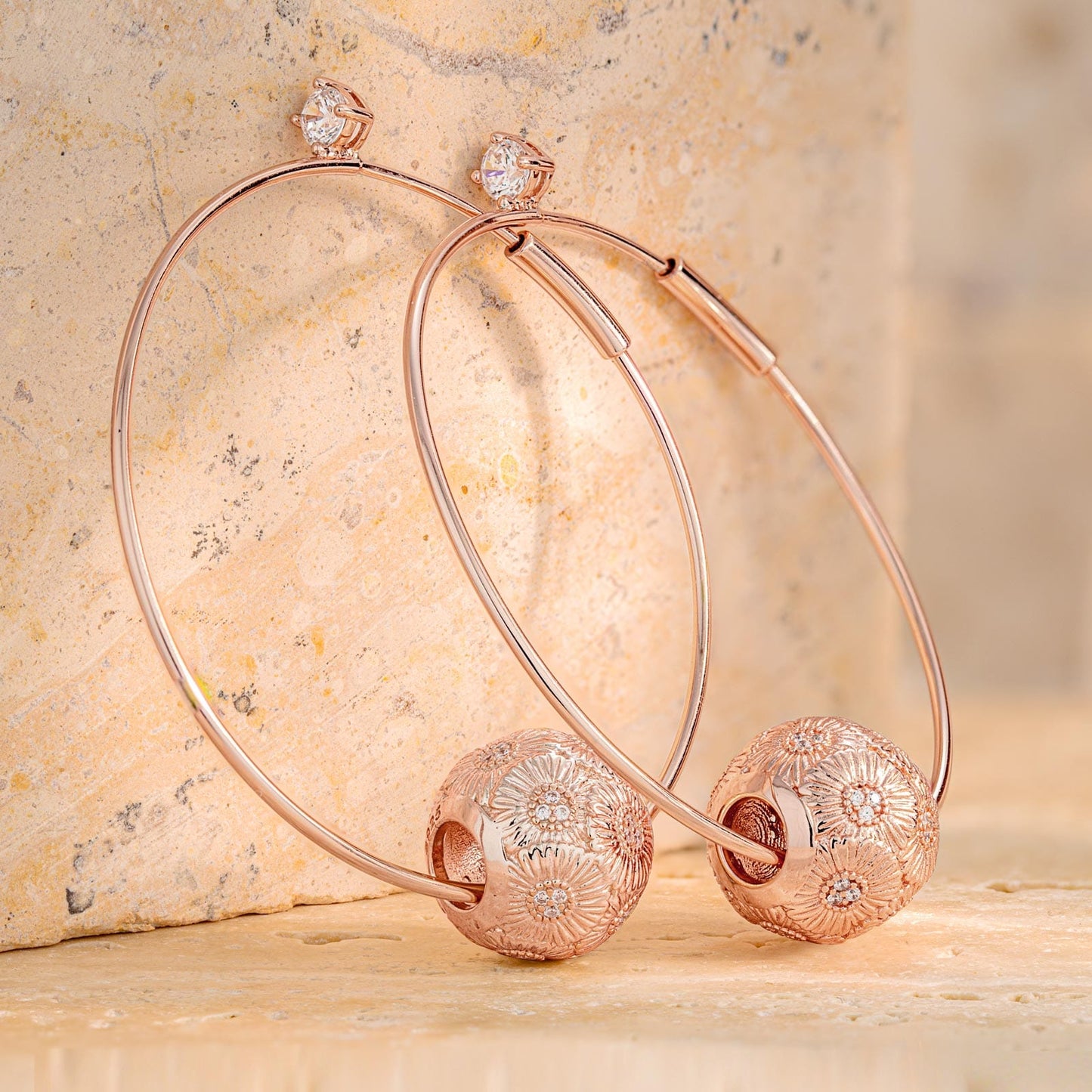 Sterling Silver Daisy Hoop Earrings In Rose Gold Plated