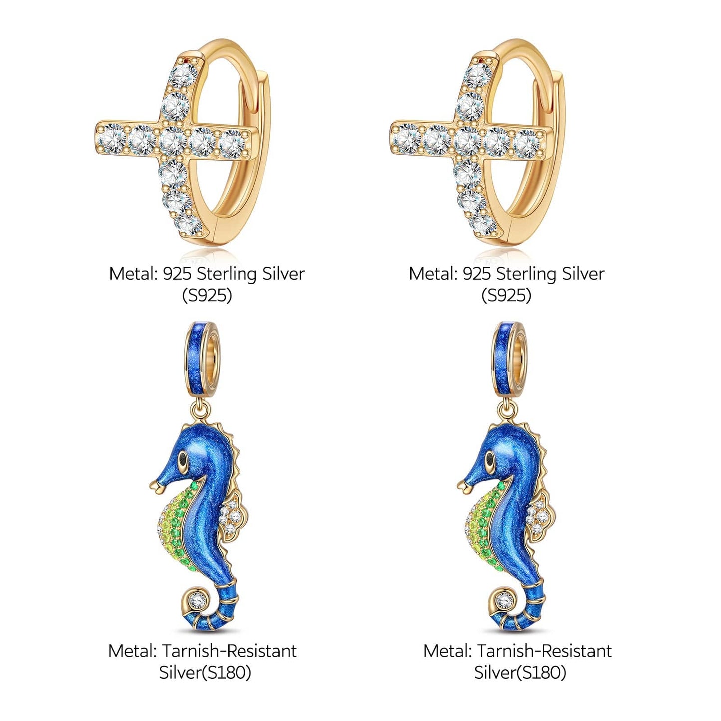 [?As @katstyle42's Pick] Sterling Silver Blue Seahorse Hoop Earrings With Enamel In 14K Gold Plated