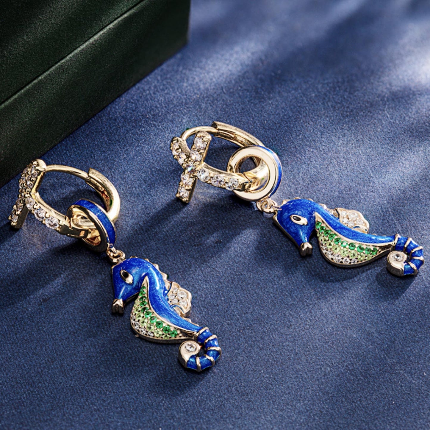 [?As @katstyle42's Pick] Sterling Silver Blue Seahorse Hoop Earrings With Enamel In 14K Gold Plated