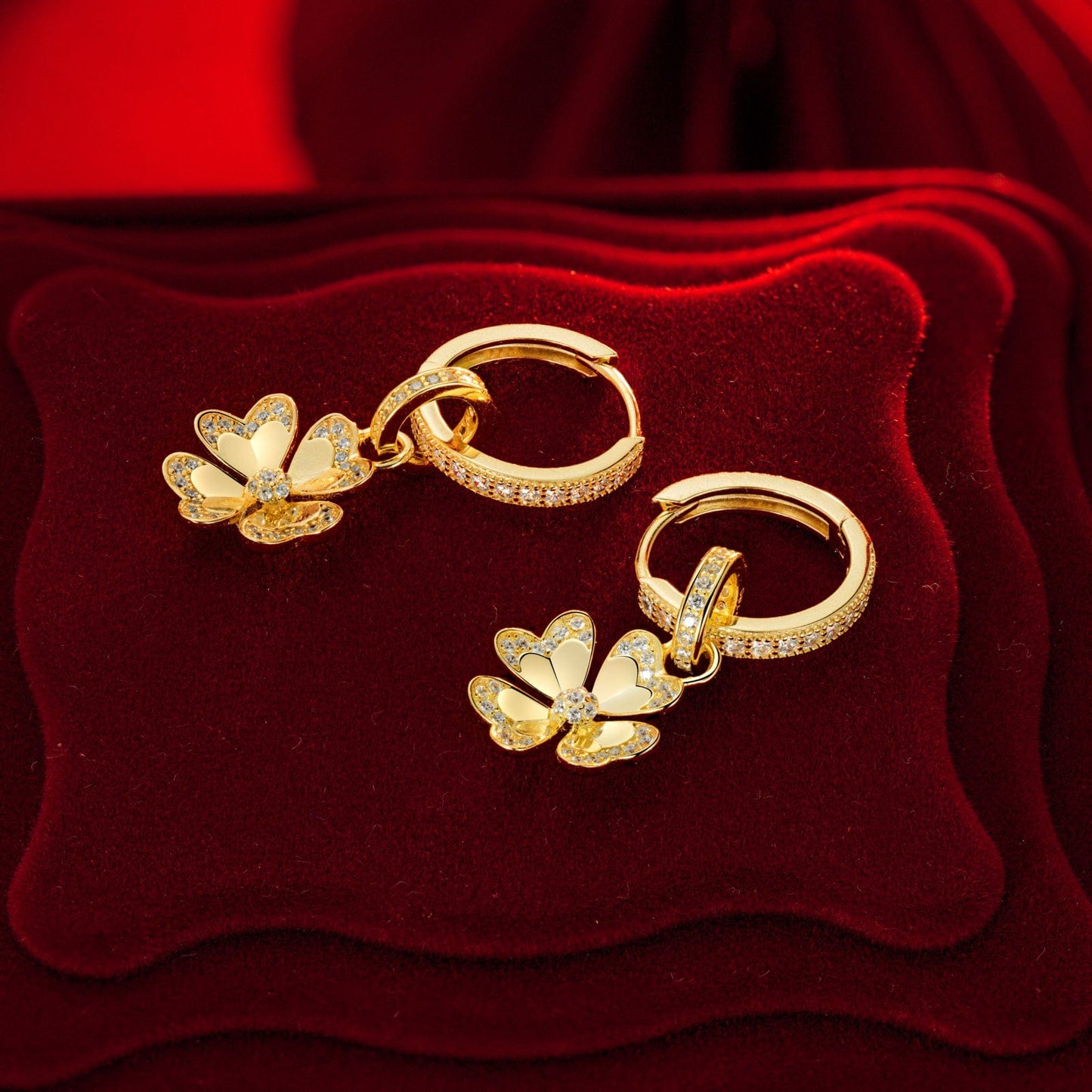 Sterling Silver Lucky Clover Hoop Earrings In 14K Gold Plated