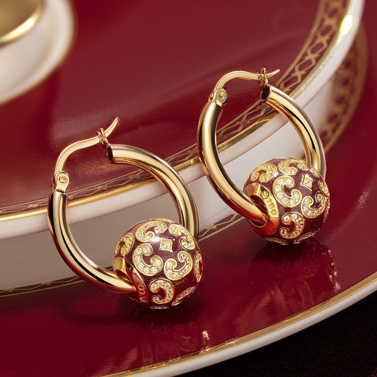 gon- Sterling Silver Burgundy Versailles Ball Hoop Earrings With Enamel In 14K Gold Plated