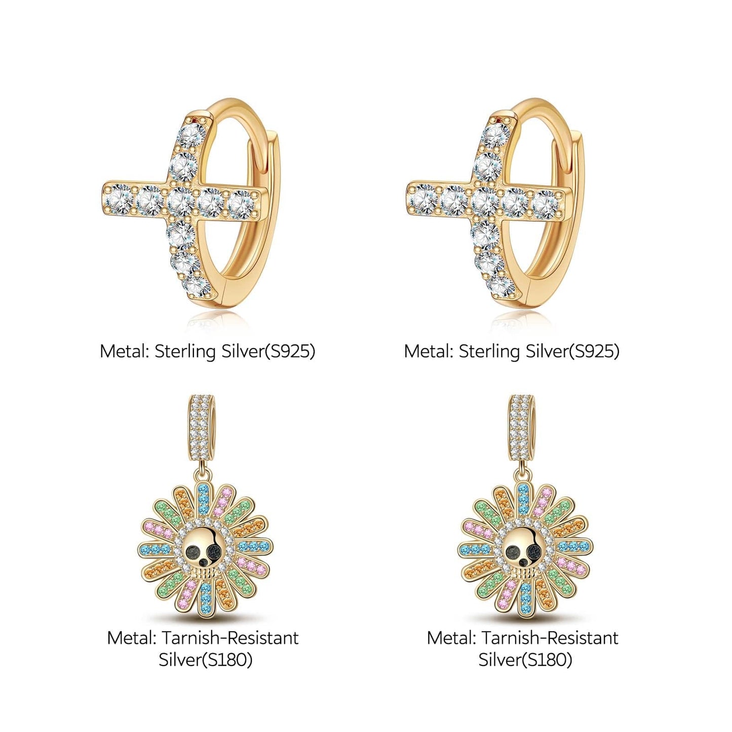 Sterling Silver Blossom on Bone Charms Earrings Set With Enamel In 14K Gold Plated