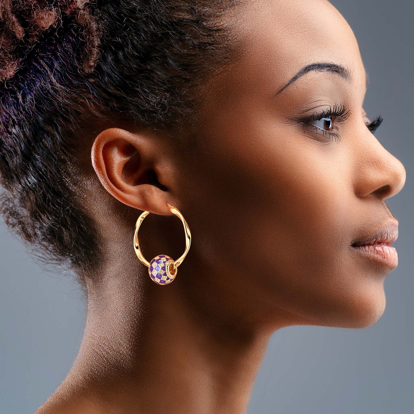 [?As @mygreatchallenge's Pick] Purple Magic City Tarnish-resistant Silver Charms Earrings Set M Size Classic Hoop Earrings with Sterling Silver Ear Post With Enamel In 14K Gold Plated