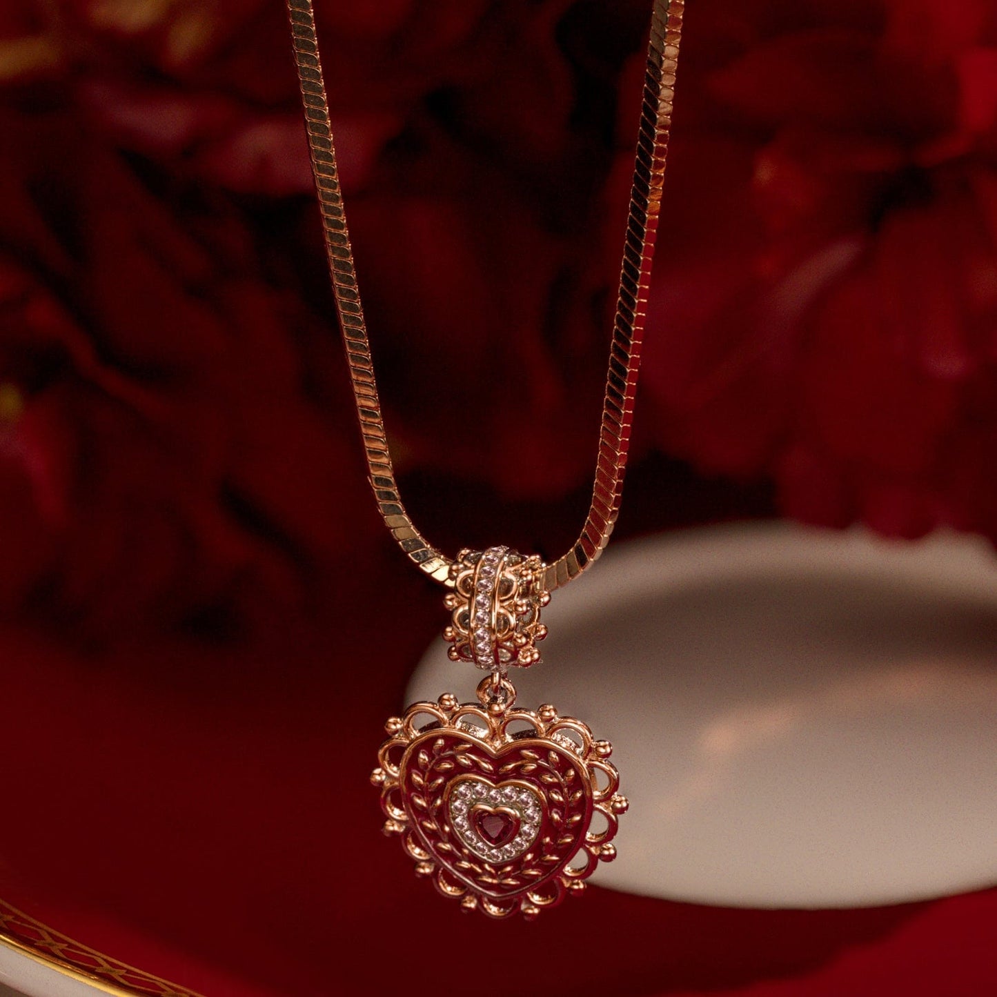 Sterling Silver Crowned With Love Charms Necklace Set With Enamel In Rose Gold Plated