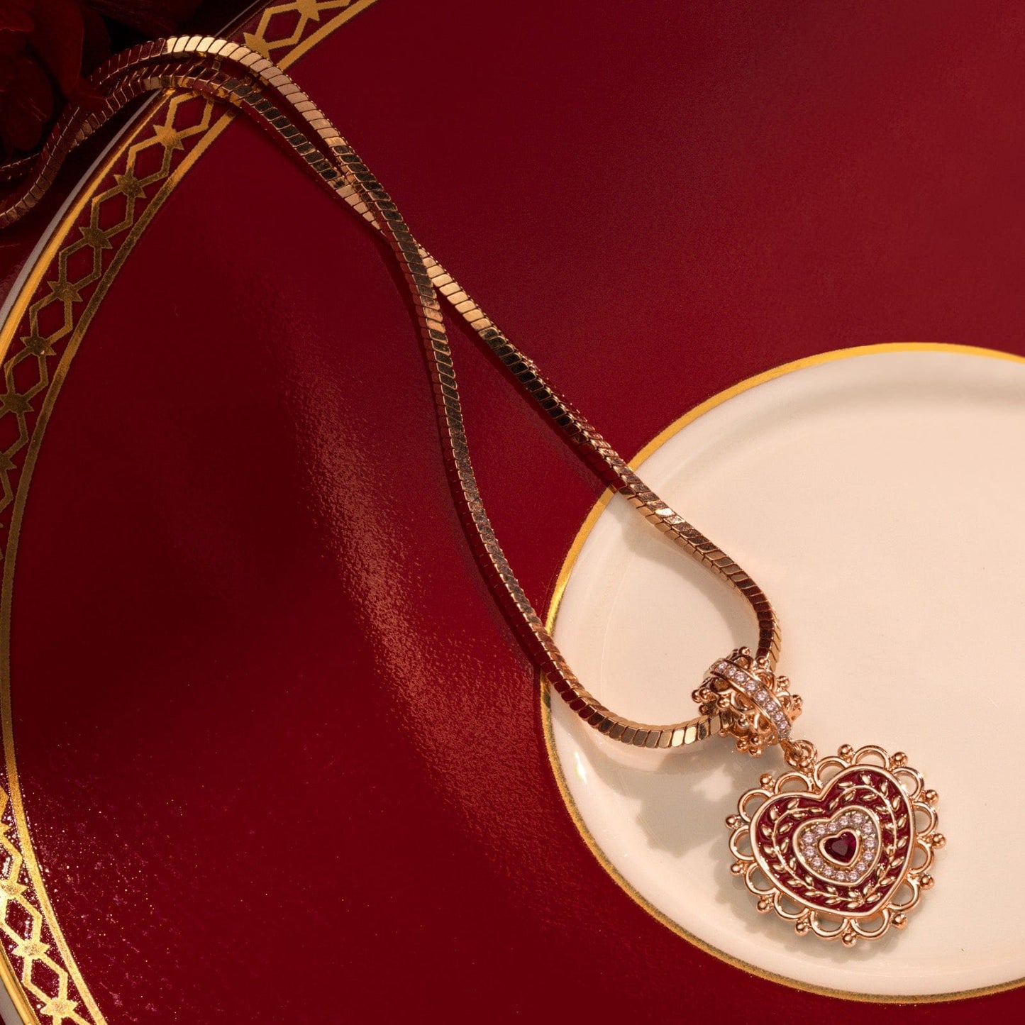 Sterling Silver Crowned With Love Charms Necklace Set With Enamel In Rose Gold Plated