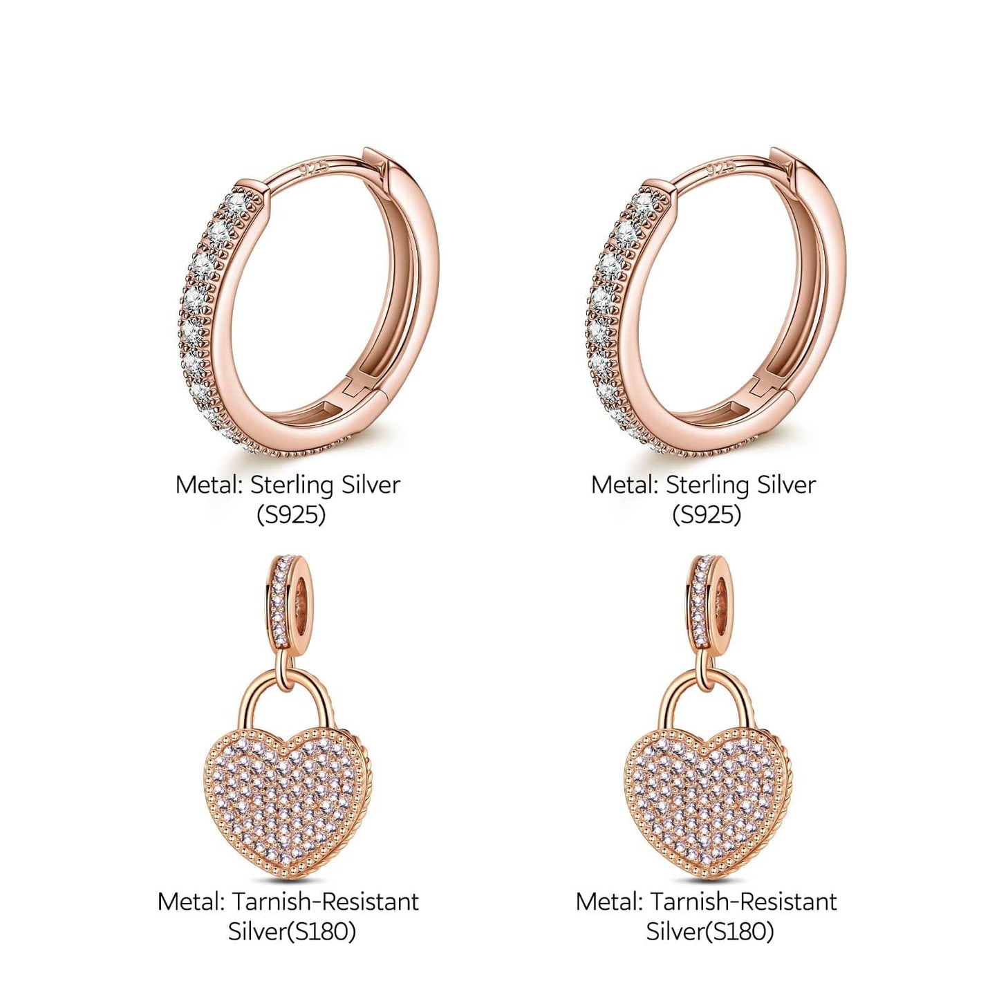 Sterling Silver Lock Your Love Charms Earrings Set In Rose Gold Plated