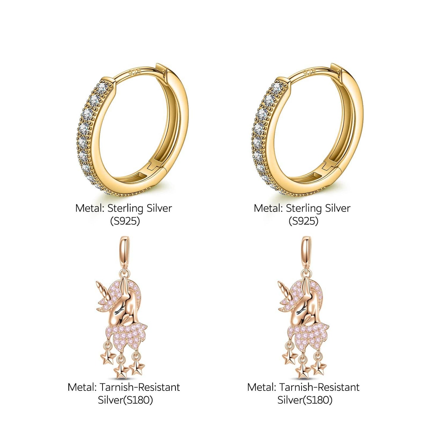 Sterling Silver Pink Unicorn Charms Earrings Set, Featuring Dual Plating in Rose Gold and 14K Gold