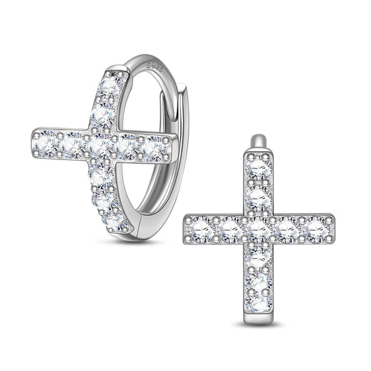 gon- Sterling Silver Cross Hoop Earrings In White Gold Plated