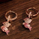 Sterling Silver Pink Mermaid Bear Charms Earrings Set In Rose Gold Plated