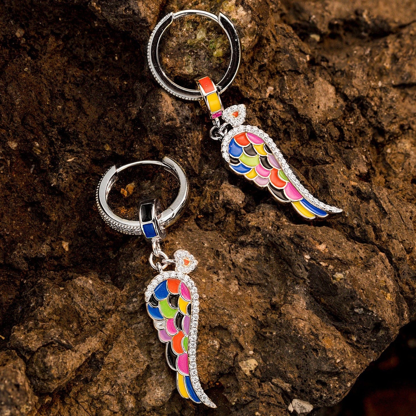 Sterling Silver Colorful Wings Charms Earrings Set With Enamel In White Gold Plated