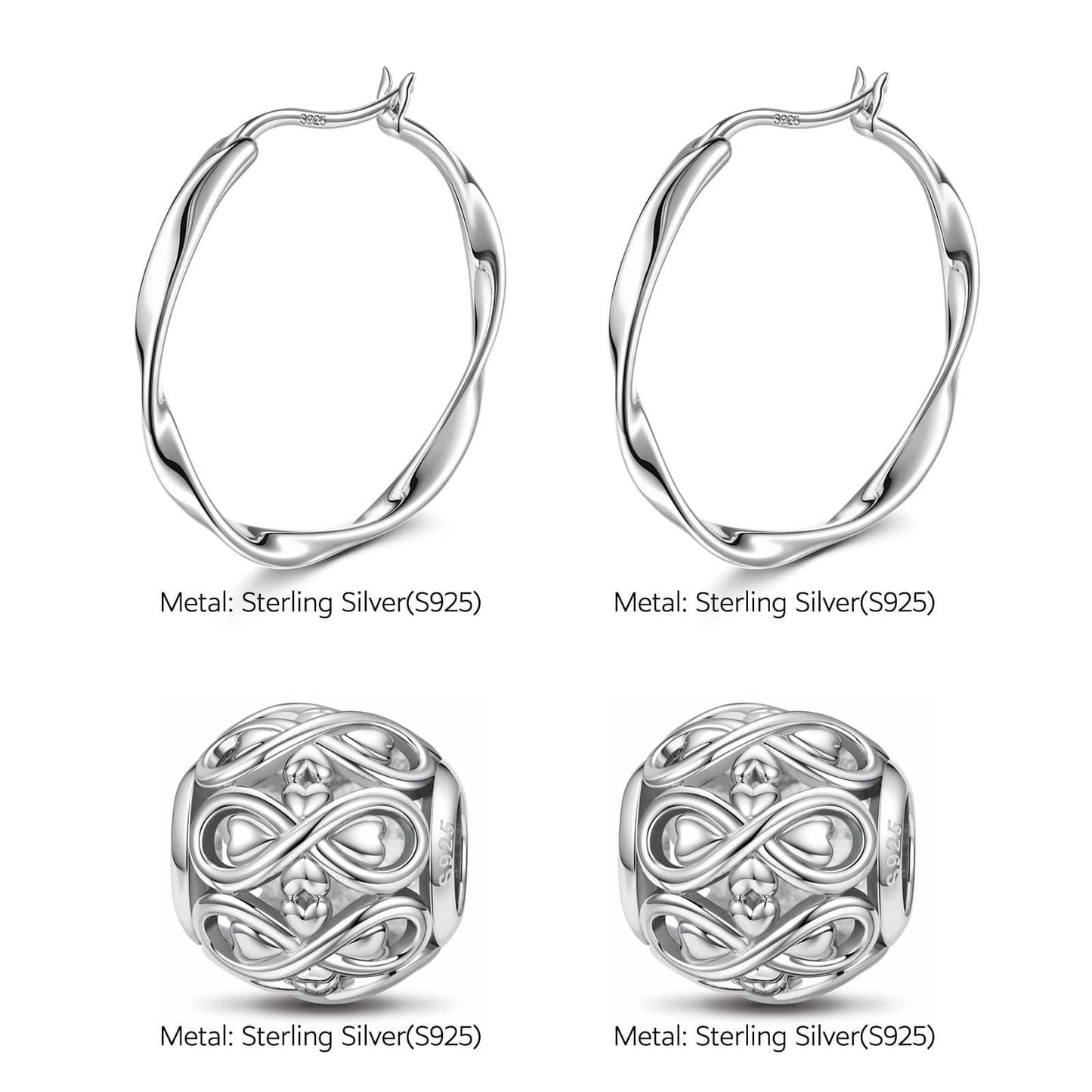 Sterling Silver Infinite Love Charms Earrings Set In White Gold Plated