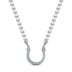 Sterling Silver Horseshoe Pearl Necklace In White Gold Plated