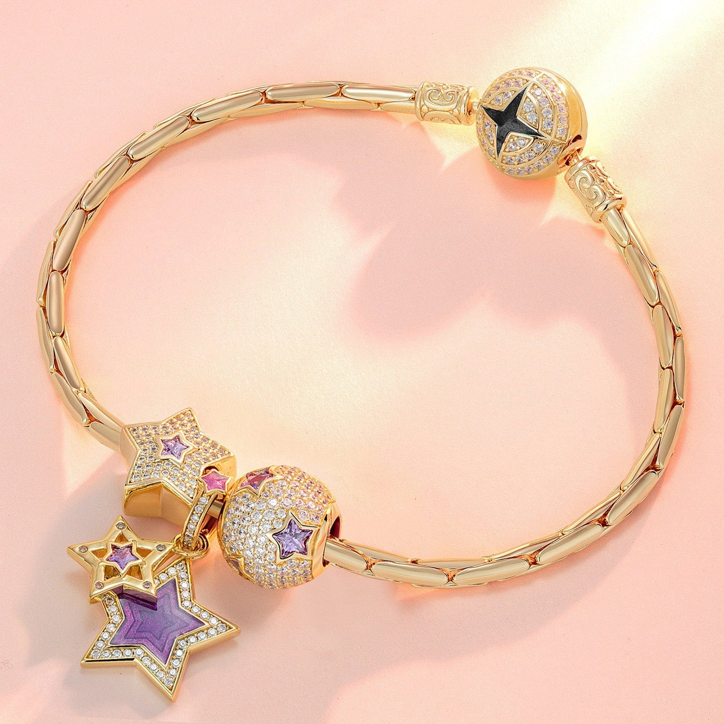 Sterling Silver Purple Star Charms Bracelet Set With Enamel In 14K Gold Plated