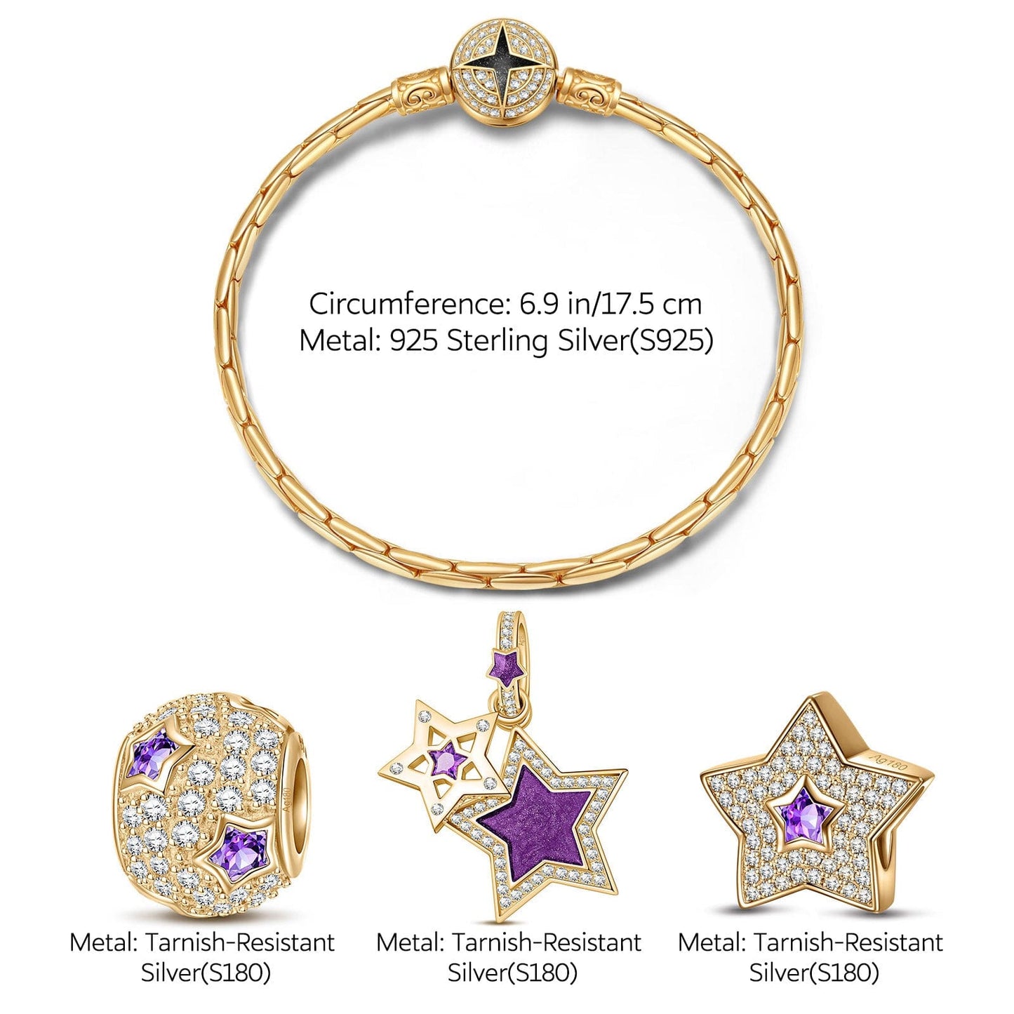 Sterling Silver Purple Star Charms Bracelet Set With Enamel In 14K Gold Plated