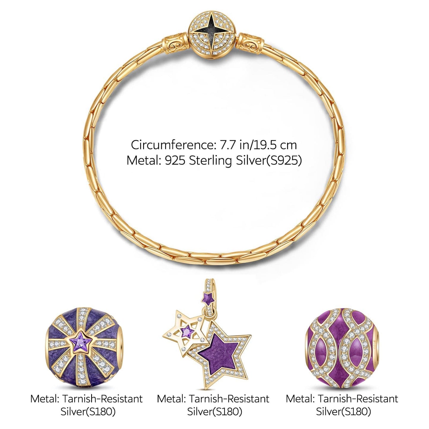 Sterling Silver Starry Night Charms Bracelet Set With Enamel In 14K Gold Plated