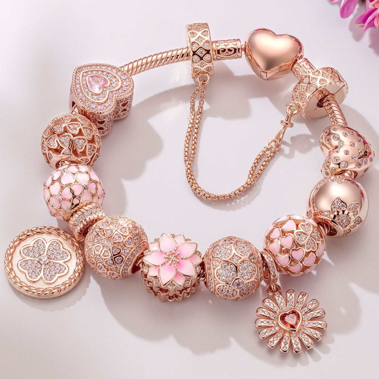 A Bouquet of Love Tarnish-resistant Silver Charms Bracelet Set With Enamel In Rose Gold Plated