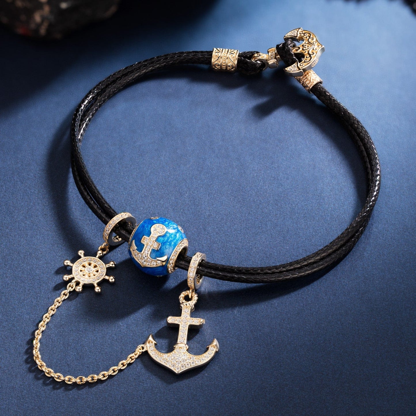 Boat Anchor Tarnish-resistant Silver Leather Charms Bracelet Set With Enamel In 14K Gold Plated