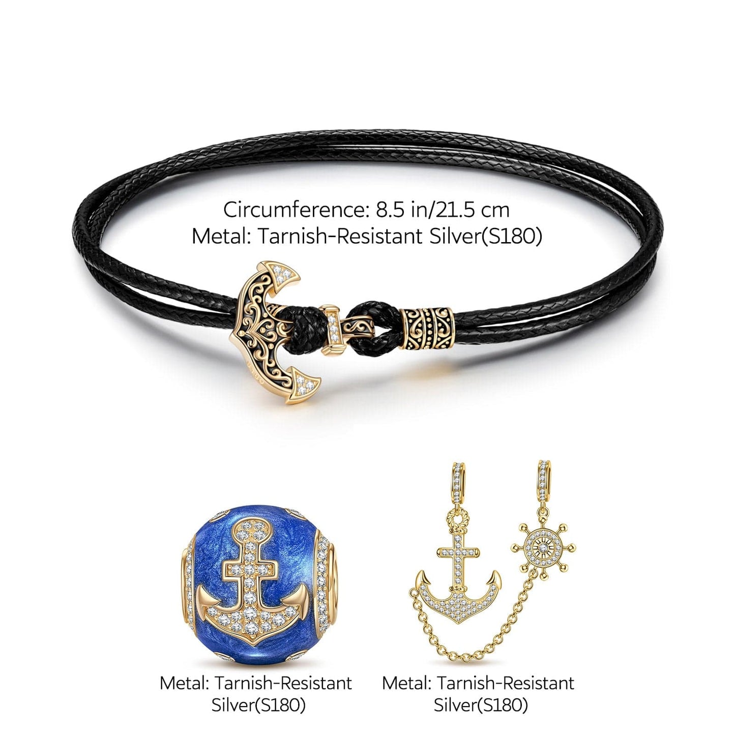 Boat Anchor Tarnish-resistant Silver Leather Charms Bracelet Set With Enamel In 14K Gold Plated