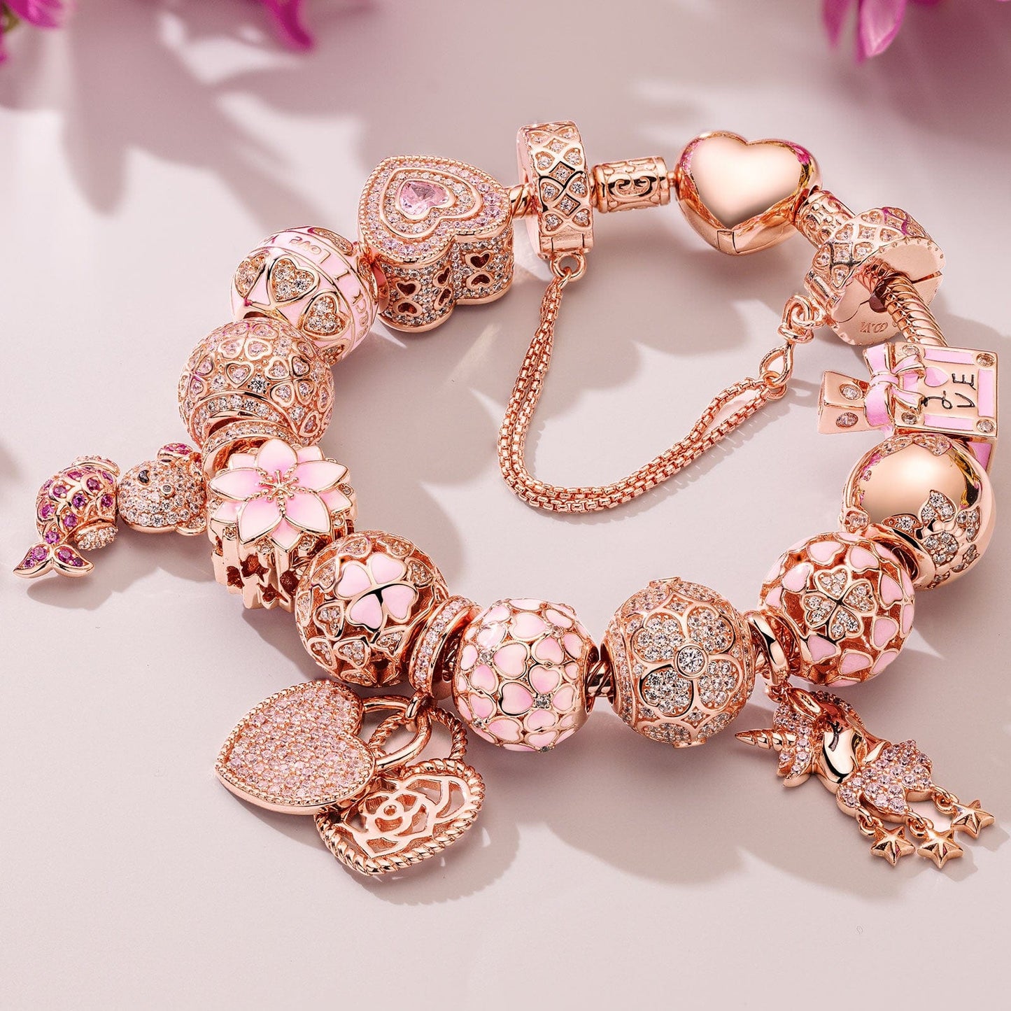 Fantasy Island Tarnish-resistant Silver Charms Bracelet Set With Enamel In Rose Gold Plated