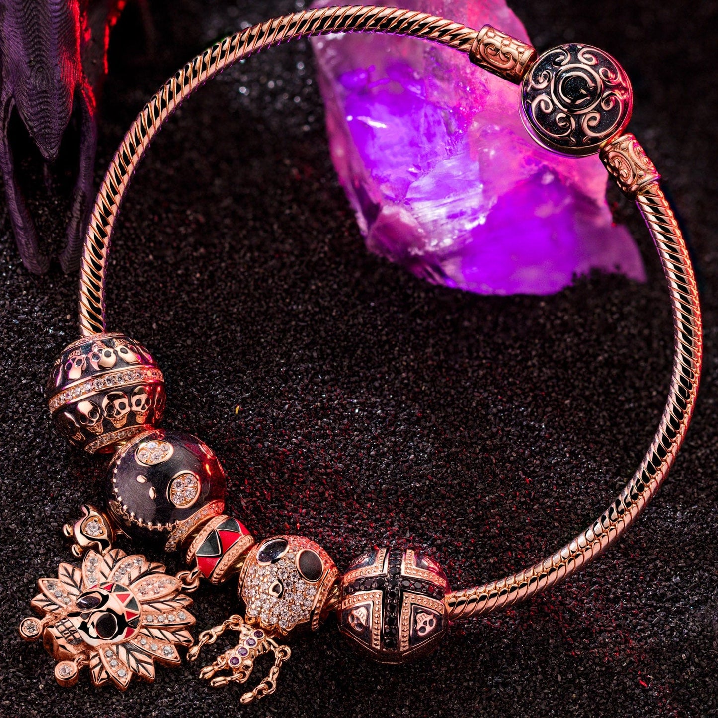 Skeleton Tribe Tarnish-resistant Silver Charms Bracelet Set With Enamel In Rose Gold Plated