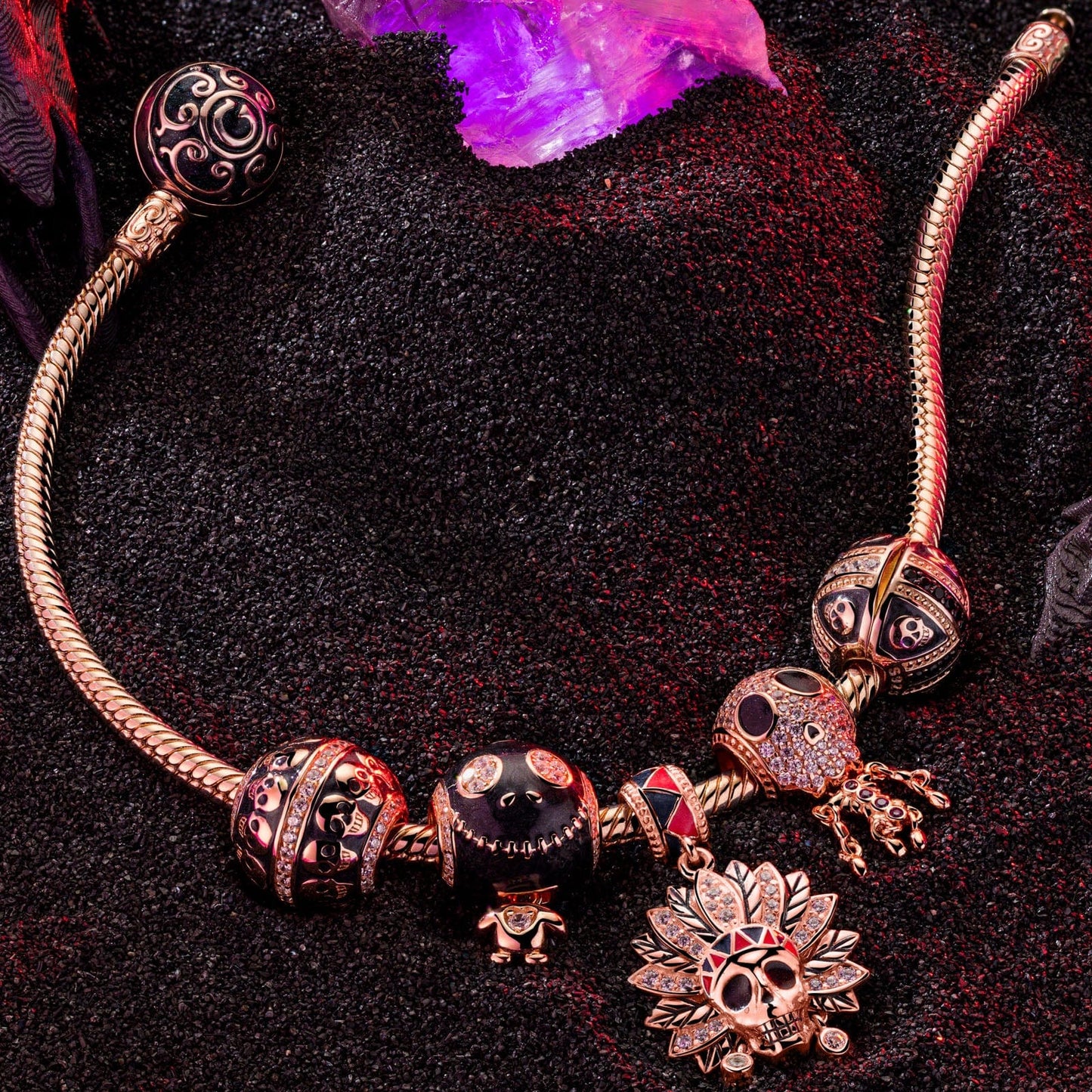 Skeleton Tribe Tarnish-resistant Silver Charms Bracelet Set With Enamel In Rose Gold Plated