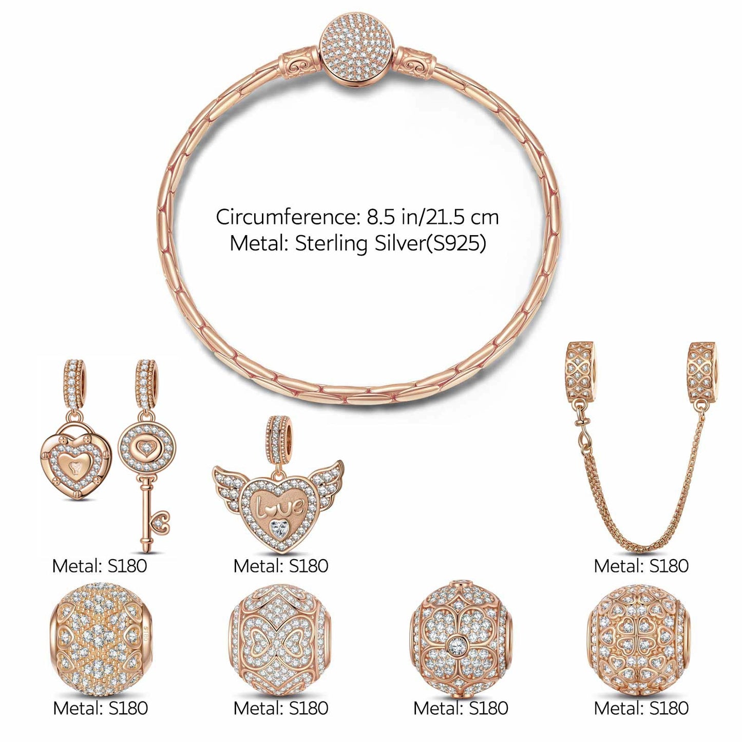 Endless Love Tarnish-resistant Silver Charms Bracelet Set In Rose Gold Plated