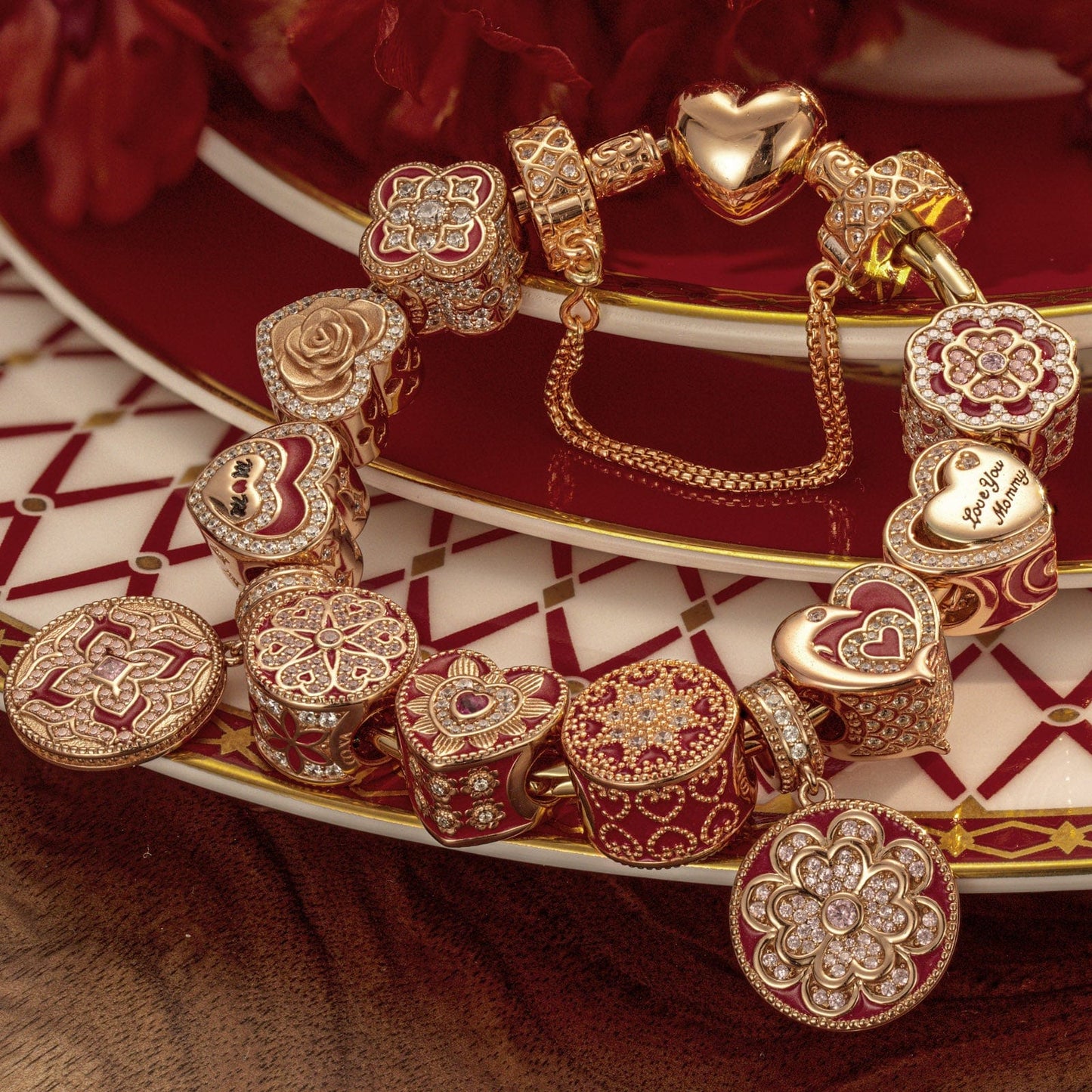 Sterling Silver Cherished Memories Charms Bracelet Set With Enamel In Rose Gold Plated