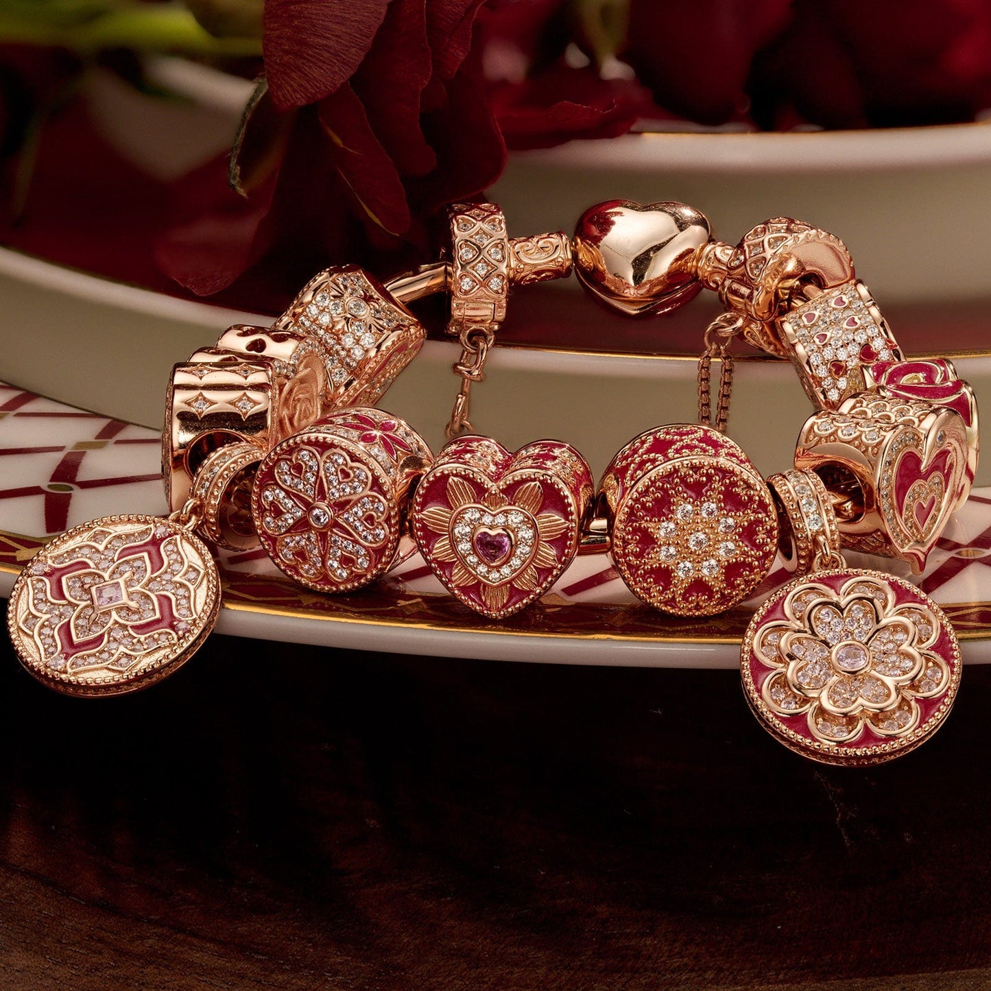 Sterling Silver Cherished Memories Charms Bracelet Set With Enamel In Rose Gold Plated