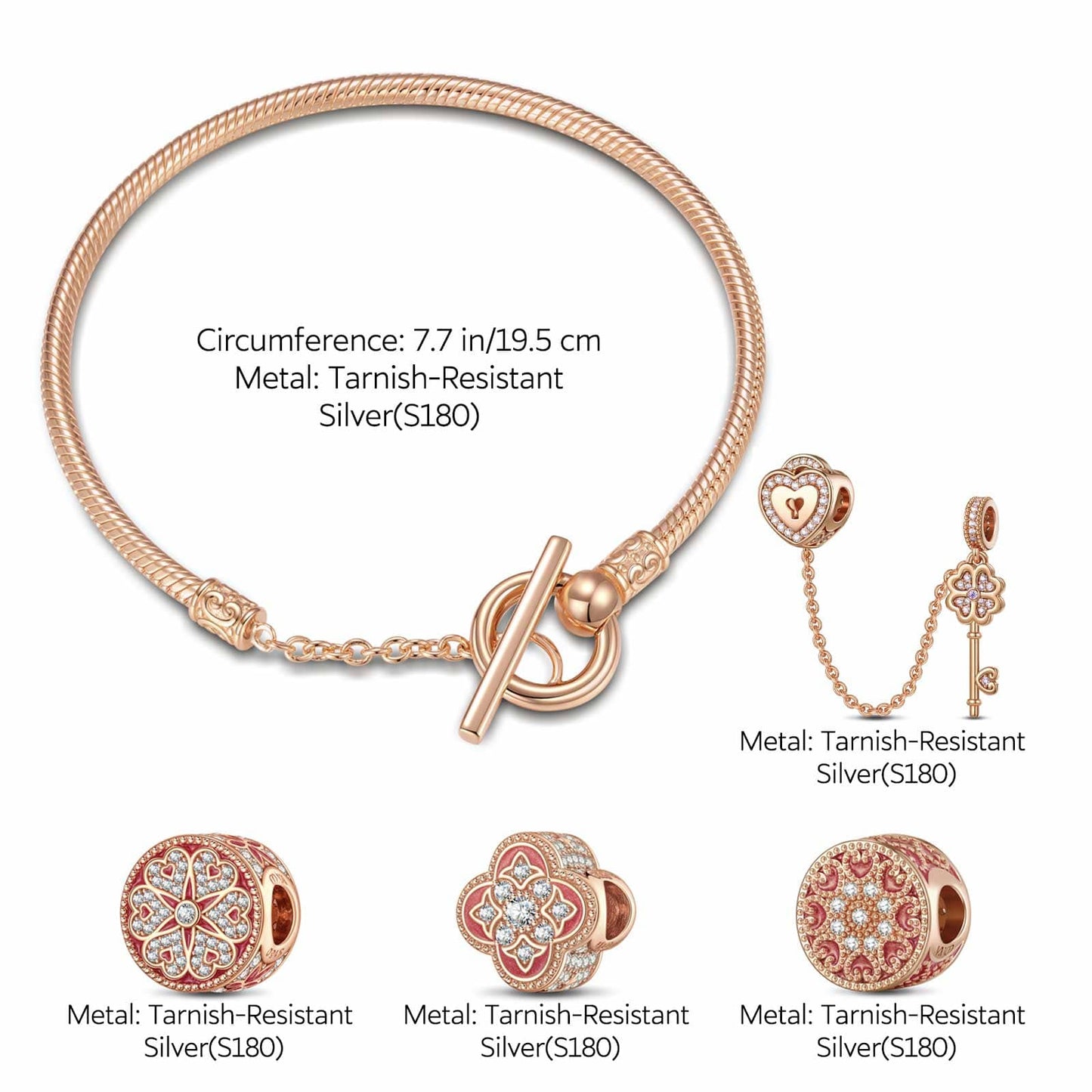 Sterling Silver Key to the Blooming Heart Charms Bracelet Set With Enamel In Rose Gold Plated