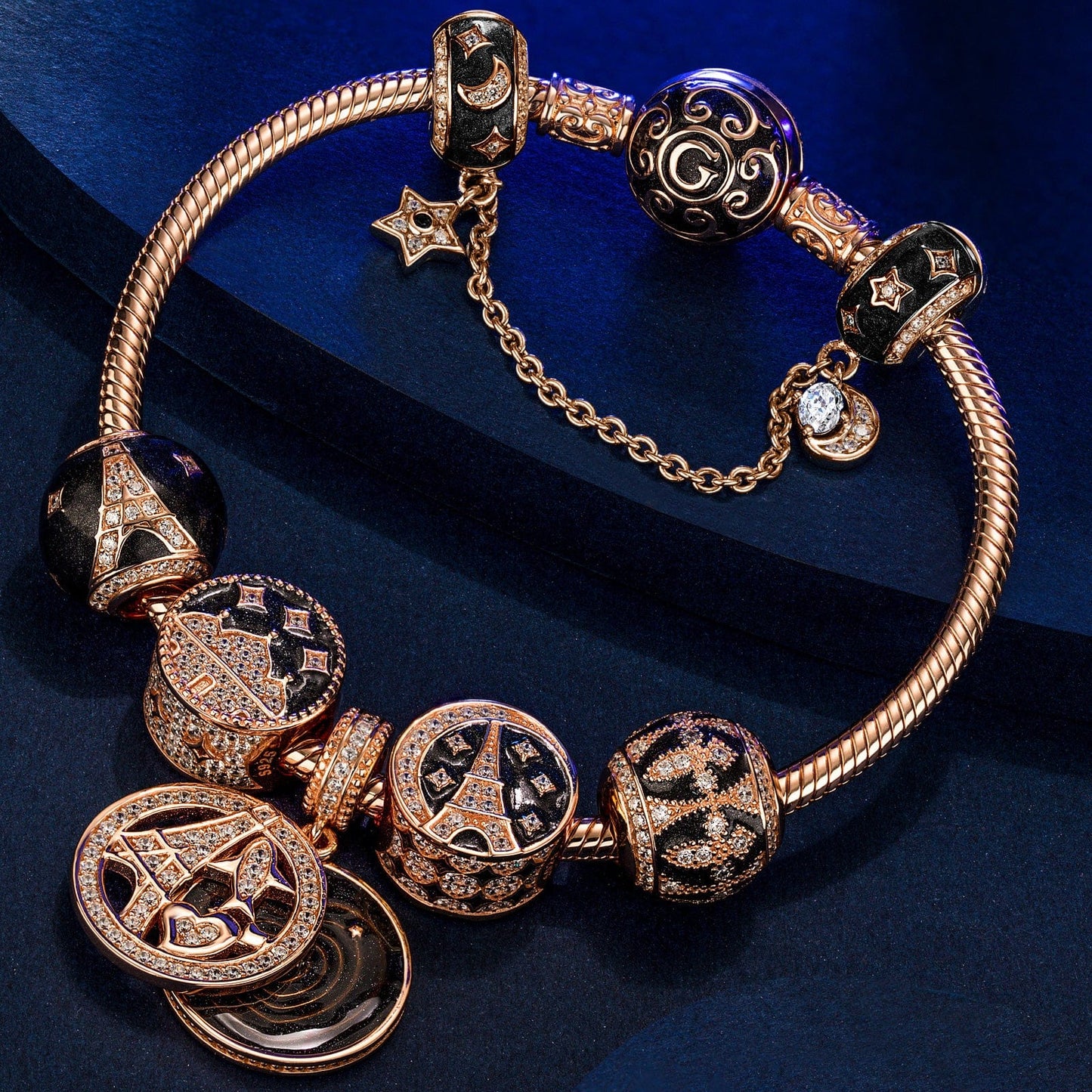 Sterling Silver Mysterious Allure Charms Bracelet Set With Enamel In Rose Gold Plated