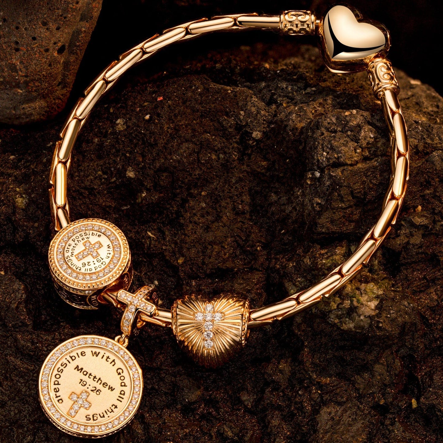 Sterling Silver God's Welfare Charms Bracelet Set In 14K Gold Plated