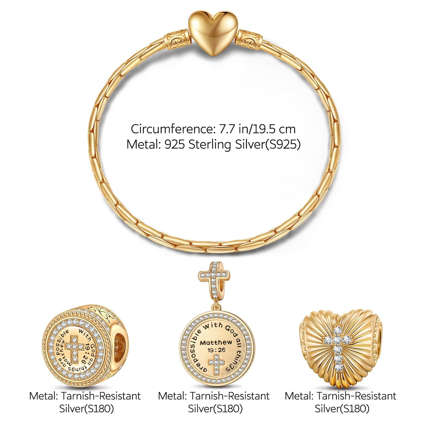 Sterling Silver God's Welfare Charms Bracelet Set In 14K Gold Plated