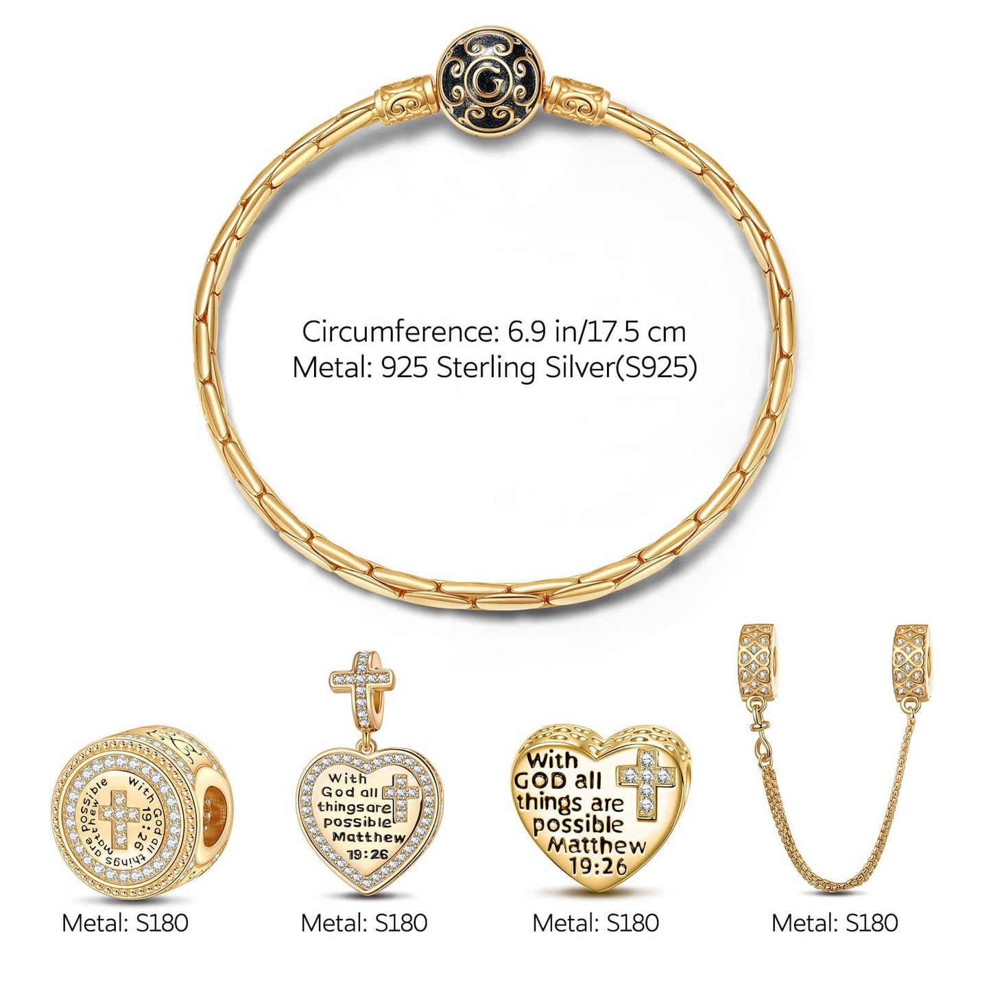 Sterling Silver The Holy Bible Charms Bracelet Set With Enamel In 14K Gold Plated