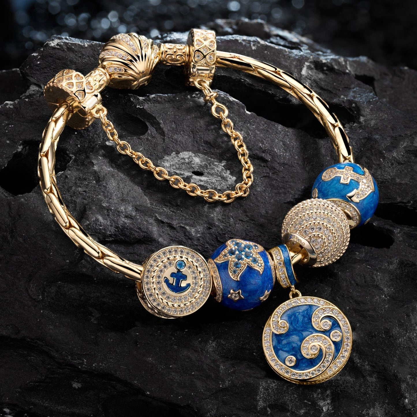 [?As @teddilovesfashion's Pick] Sterling Silver Blue Ocean Charms Bracelet Set With Enamel In 14K Gold Plated