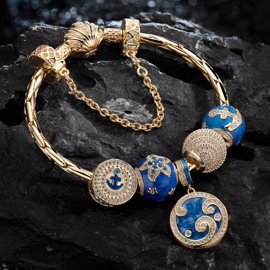 gon- [?As @teddilovesfashion's Pick] Sterling Silver Blue Ocean Charms Bracelet Set With Enamel In 14K Gold Plated