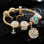 Sterling Silver Blue Ocean Charms Bracelet Set With Enamel In 14K Gold Plated