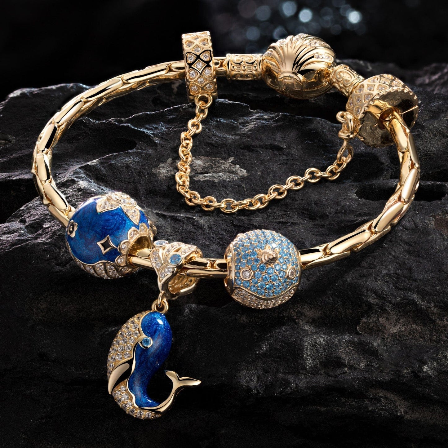 [?As @ginagoingsilver's Pick] Sterling Silver Blue Whale Family Charms Bracelet Set With Enamel In 14K Gold Plated