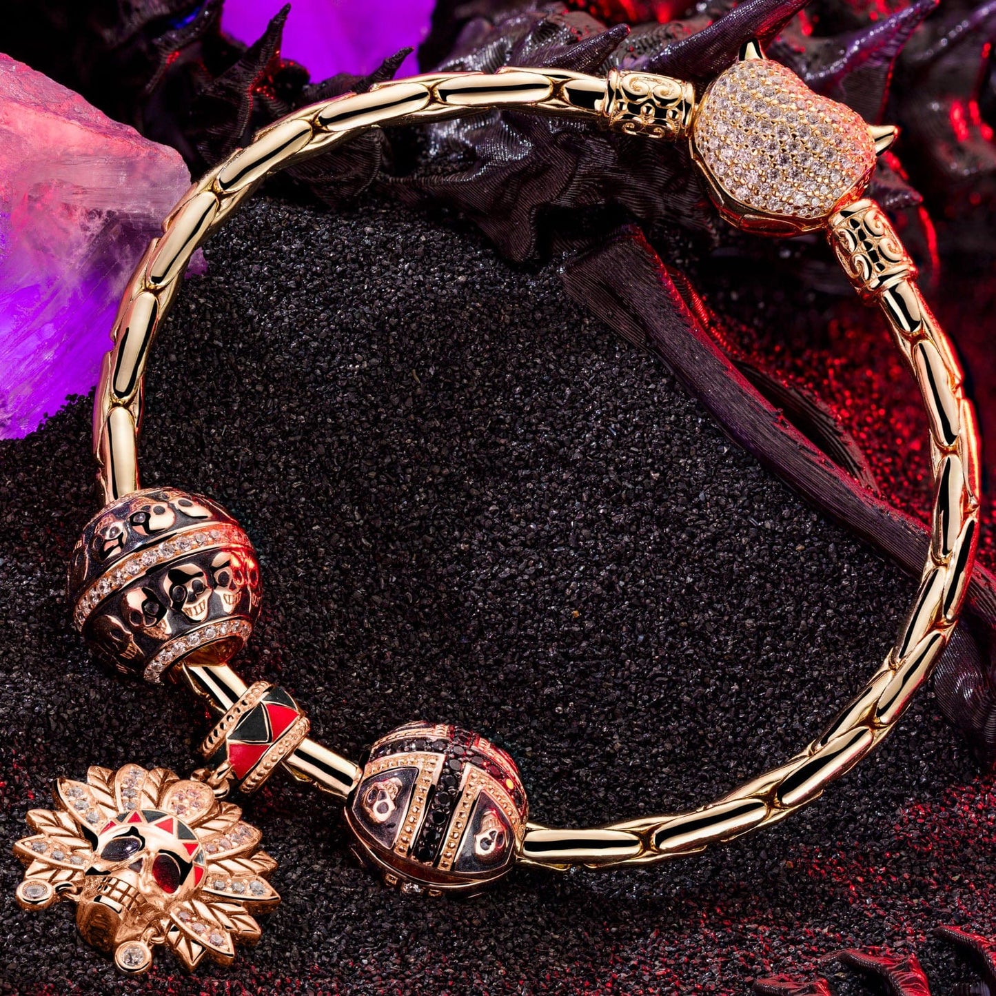 Sterling Silver Halloween & Skull Charms Bracelet Set With Enamel In Rose Gold Plated