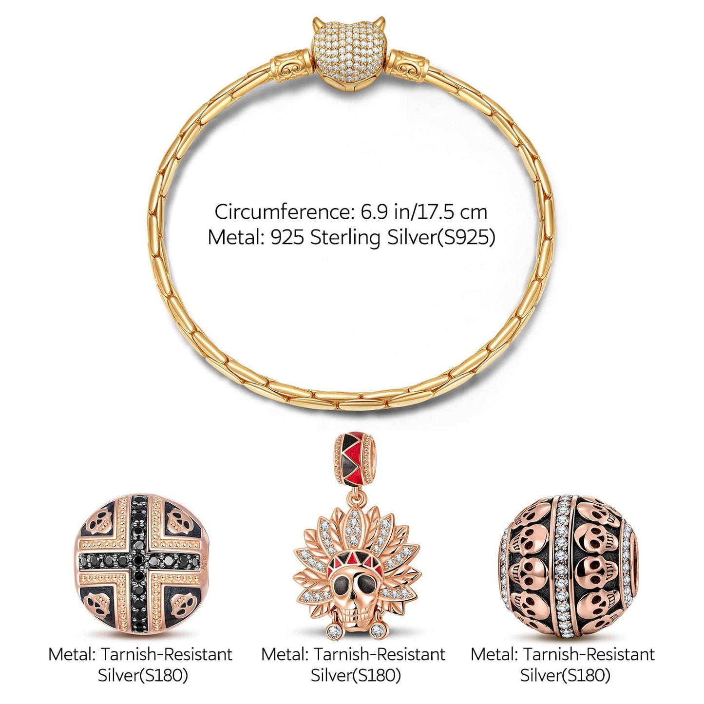 Sterling Silver Halloween & Skull Charms Bracelet Set With Enamel In Rose Gold Plated