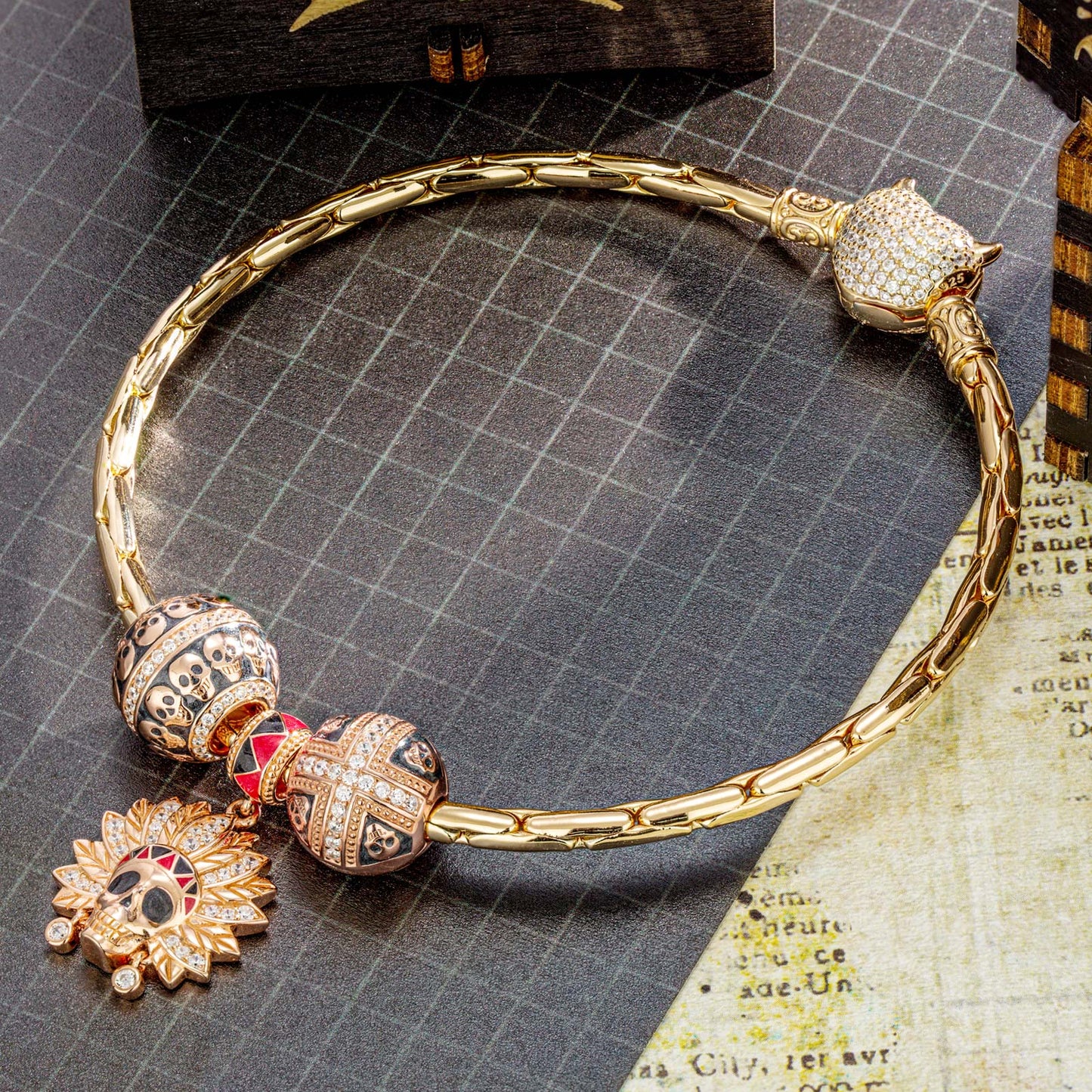 Sterling Silver Halloween & Skull Charms Bracelet Set With Enamel In Rose Gold Plated