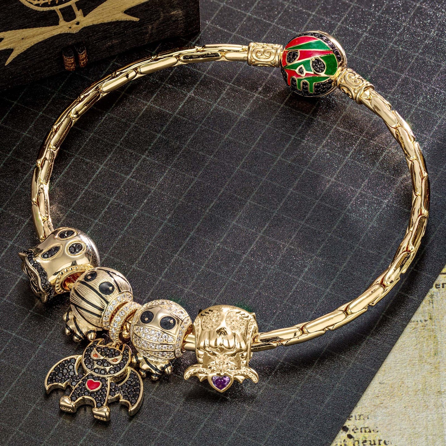 Sterling Silver Halloween Monster Family Charms Bracelet Set With Enamel In 14K Gold Plated