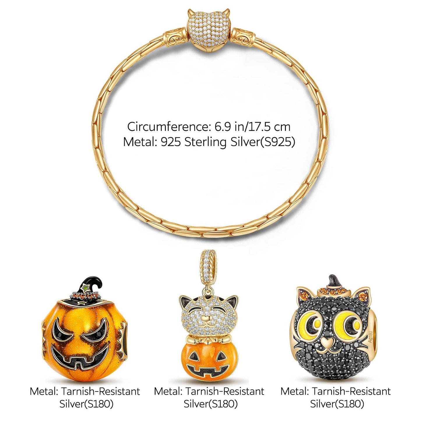 Sterling Silver Pumpkin Elf Charms Bracelet Set With Enamel In 14K Gold Plated